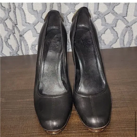Gucci Black Leather Stud GG Logo Heels 38